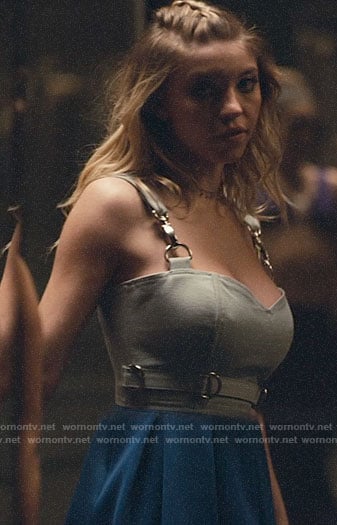 Cassie’s denim buckled crop top on Euphoria