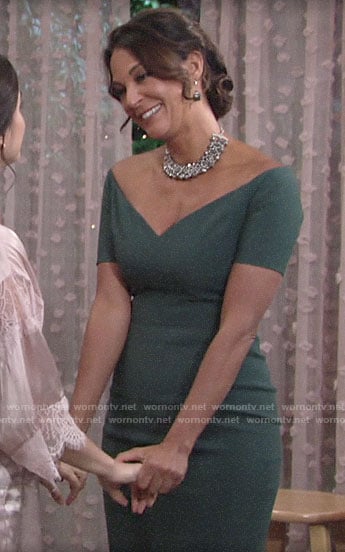 Celeste’s green off-shoulder mother of the bride dress on The Young and the Restless