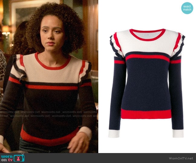 Chinti & Parker Colour-block Frill Sweater worn by Maya (Nathalie Emmanuel) on Four Weddings and a Funeral