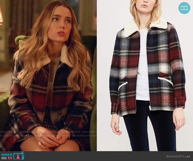 Claudie Pierlot Faux fur-trimmed tartan wool-blend coat worn by Ainsley Howard (Rebecca Rittenhouse) on Four Weddings and a Funeral