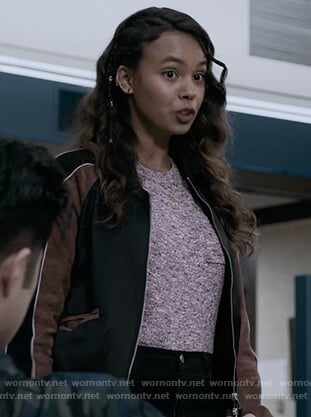 Jessica’s colorblock leather bomber jacket on 13 Reasons Why