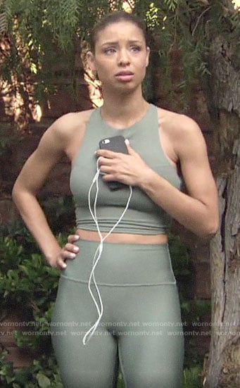 Elena’s green sports bra and leggings on The Young and the Restless