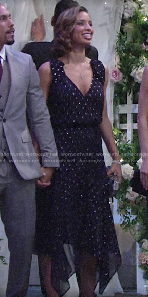 Elena’s navy metallic dotted dress at Kyle and Lola’s wedding on The Young and the Restless
