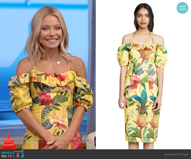 Farm Rio Golden Jungle Linen Midi Dress worn by Kelly Ripa on Live with Kelly and Mark