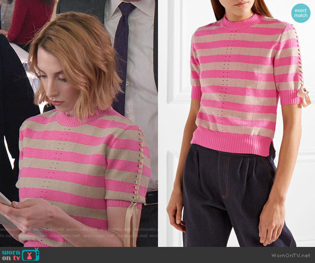 Fendi Lace-Up Striped Pointelle-Knit Top worn by Lauren (Molly Bernard) on Younger