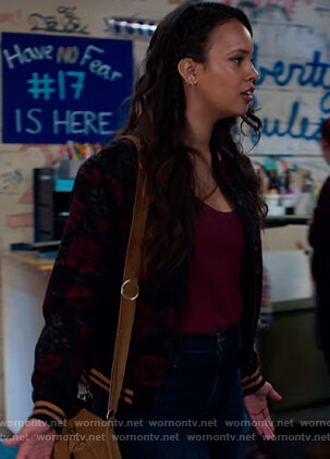 Jessica’s floral bomber jacket on 13 Reasons Why