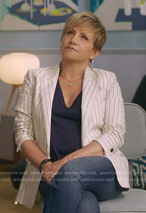 Gabrielle’s white striped frayed blazer on BH90210