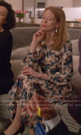 Gemma’s abstract printed long sleeve midi dress on Four Weddings and a Funeral