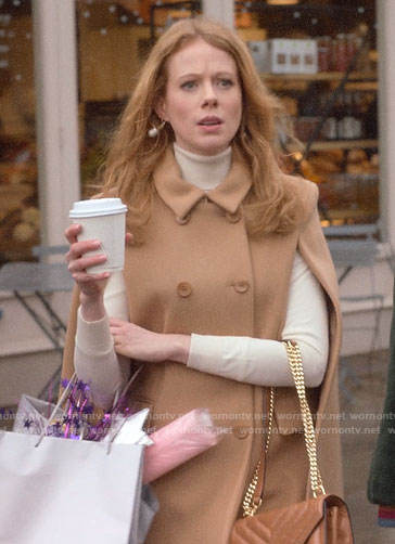 Gemma’s camel cape coat on Four Weddings and a Funeral