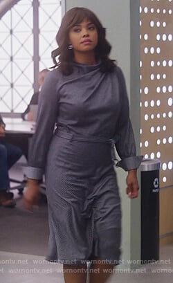 Jasmine’s pinstripe belted dress on Instinct
