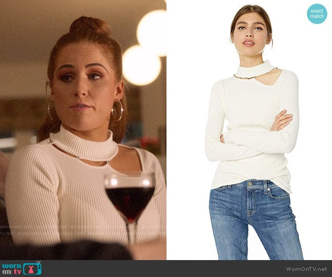Guess Holly Beaded Cutout Sweater worn by Zara (Sophia La Porta) on Four Weddings and a Funeral