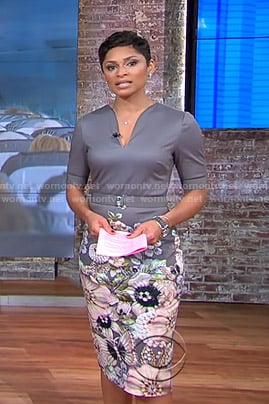 Jericka’s grey floral belted dress on CBS Mornings