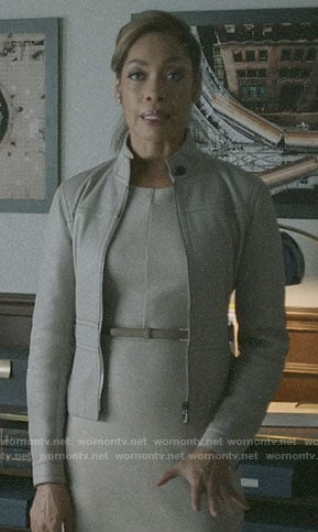 Jessica’s grey sheath dress and peplum jacket on Pearson