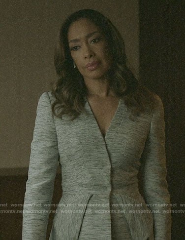 Jessica’s heathered grey peplum jacket on Pearson