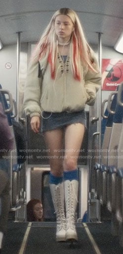 Jules’s embellished jacket and white lace-up boots on Euphoria