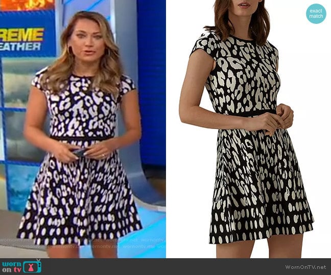 Karen Millen Leopard Jacquard Fit-and-Flare Dress worn by Ginger Zee on Good Morning America