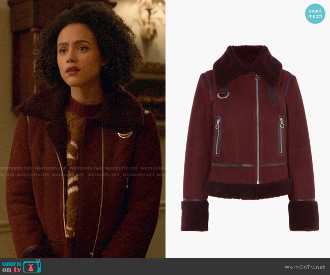 Karen Millen Shearling Aviator Jacket worn by Maya (Nathalie Emmanuel) on Four Weddings and a Funeral