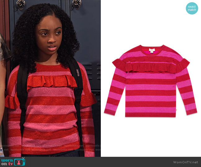 Kate Spade Ruffle-Trim Metallic Stripe Sweater worn by Tamika (Sanai Victoria) on No Good Nick