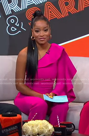 Keke’s pink ruffled one-shoulder jumpsuit on GMA Strahan And Sara