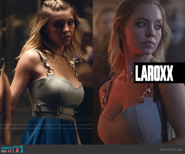Laroxx Custom Made Denim Overall Top worn by Cassie Howard (Sydney Sweeney) on Euphoria