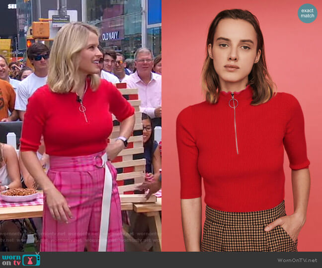 Maje Fancy and Zipped Light Polo Sweater worn by Sara Haines on Good Morning America
