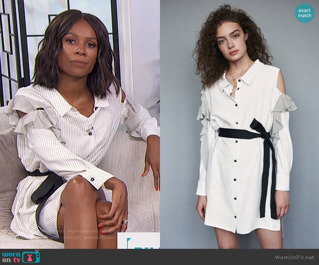 Maje Striped Ruffled Shirt Dress worn by Zuri Hall on E! News