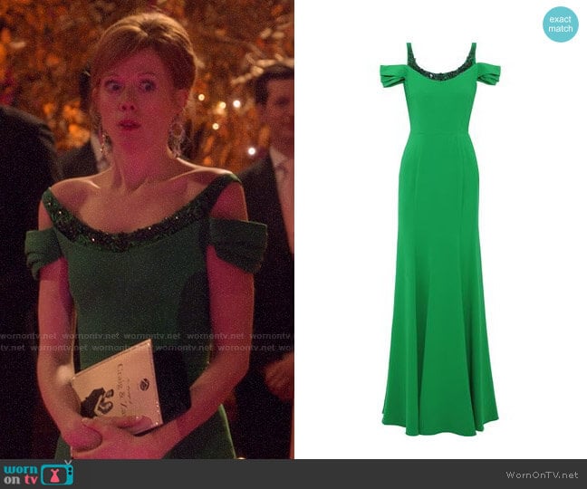 Marchesa Notte Cold-shoulder Embellished Cady Gown worn by Gemma (Zoe Boyle) on Four Weddings and a Funeral