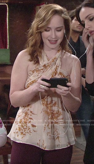 Mariah’s cream floral halter neck top on The Young and the Restless
