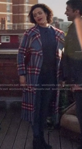 Maya’s blue plaid coat on Four Weddings and a Funeral