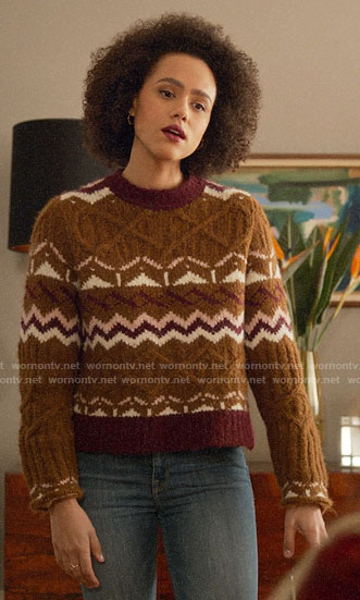 Maya’s brown printed sweater on Four Weddings and a Funeral