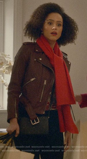 Maya’s burgundy leather jacket on Four Weddings and a Funeral