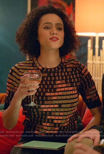 Maya’s geometric patterned top on Four Weddings and a Funeral