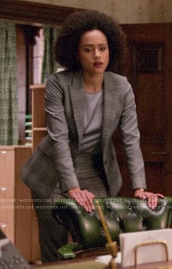 Maya’s grey plaid suit  on Four Weddings and a Funeral