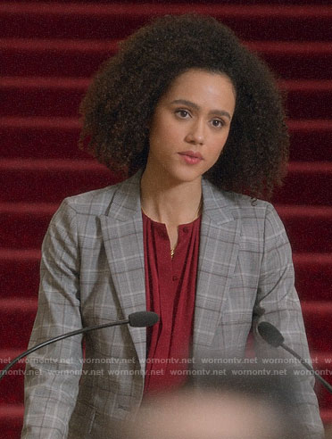 Maya’s grey plaid blazer on Four Weddings and a Funeral