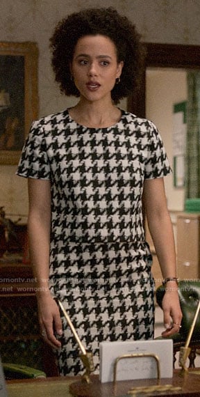 Maya’s houndstooth top and skirt set on Four Weddings and a Funeral