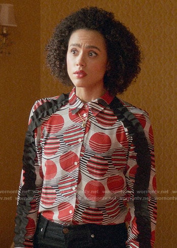Maya’s dot print shirt with ruffles on Four Weddings and a Funeral