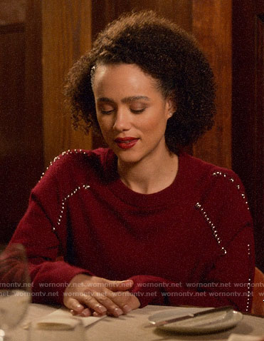 Maya’s red ring detail sweater on Four Weddings and a Funeral