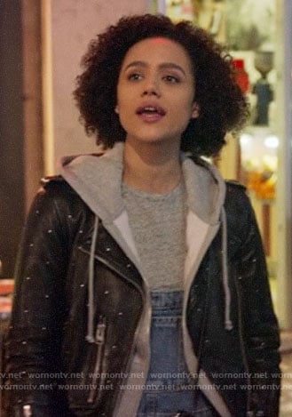 Maya’s studded leather moto jacket on Four Weddings and a Funeral