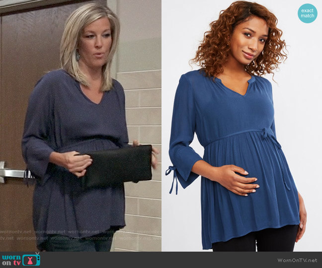 Motherhood Maternity Tie Sleeve Maternity Blouse in Navy worn by Carly Spencer (Laura Wright) on General Hospital
