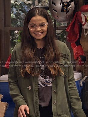 Nick’s wave print tee and green military jacket on No Good Nick