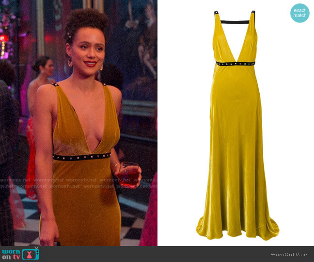 Philosophy Di Lorenzo Serafini Velvet Evening Gown worn by Maya (Nathalie Emmanuel) on Four Weddings and a Funeral