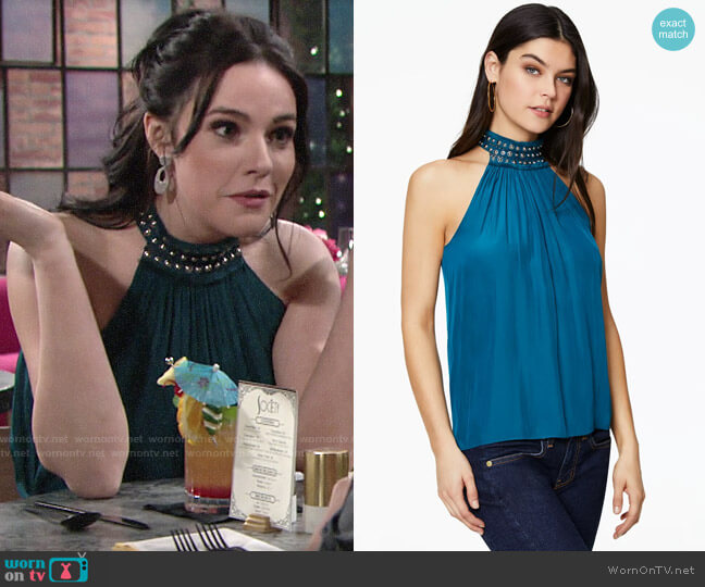 Ramy Brook Cara Top in Dark Teal worn by Tessa Porter (Cait Fairbanks) on The Young and the Restless