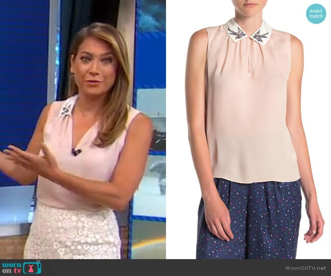Rebecca Taylor Sparrow Embroidered Collared Silk Blouse worn by Ginger Zee on Good Morning America