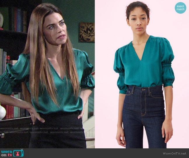Rebecca Taylor Hammered Silk V-neck Top worn by Victoria Newman (Amelia Heinle) on The Young and the Restless