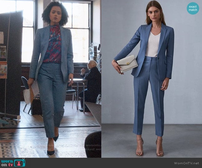 Reiss Etta Jacket in Marine Blue worn by Maya (Nathalie Emmanuel) on Four Weddings and a Funeral