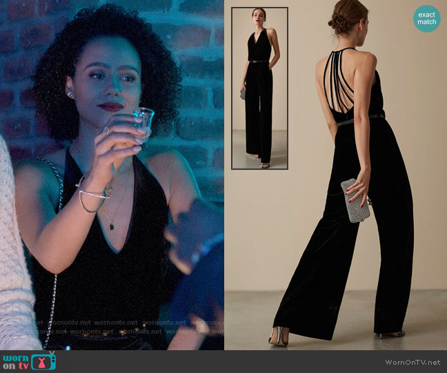 Reiss Hailie Vevlet Jumpsuit worn by Maya (Nathalie Emmanuel) on Four Weddings and a Funeral