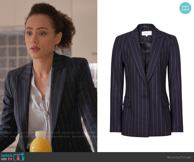 Reiss Piper Pinstripe Blazer worn by Maya (Nathalie Emmanuel) on Four Weddings and a Funeral