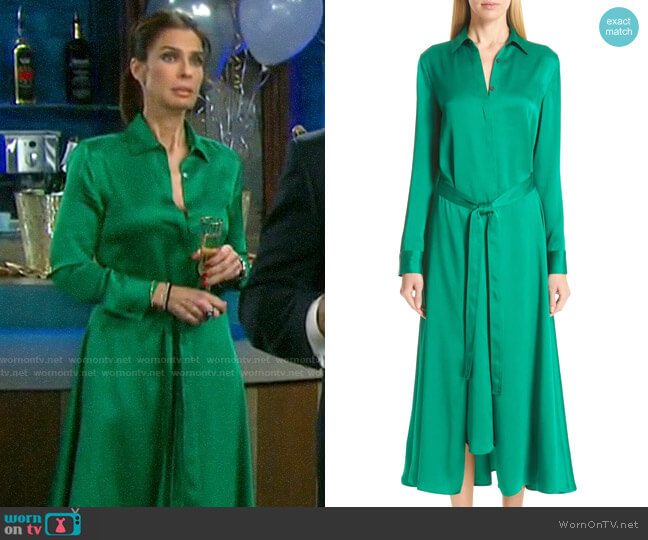 Rosetta Getty Apron Wrap Crepe Back Satin Shirtdress worn by Hope Williams (Kristian Alfonso) on Days of our Lives