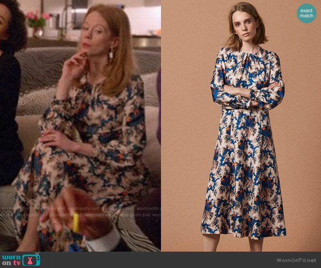 Sandro Carna Silk Midi Dress worn by Gemma (Zoe Boyle) on Four Weddings and a Funeral