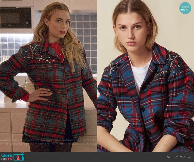 Sandro Mar Checked Jacket worn by Ainsley Howard (Rebecca Rittenhouse) on Four Weddings and a Funeral